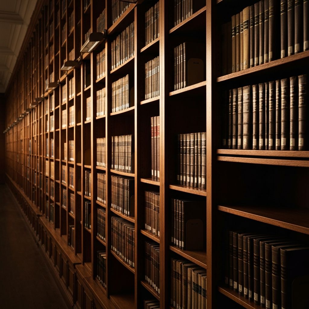 Библиотека архива са редовима књига и топлим светлосним светлом, научна атмосфера