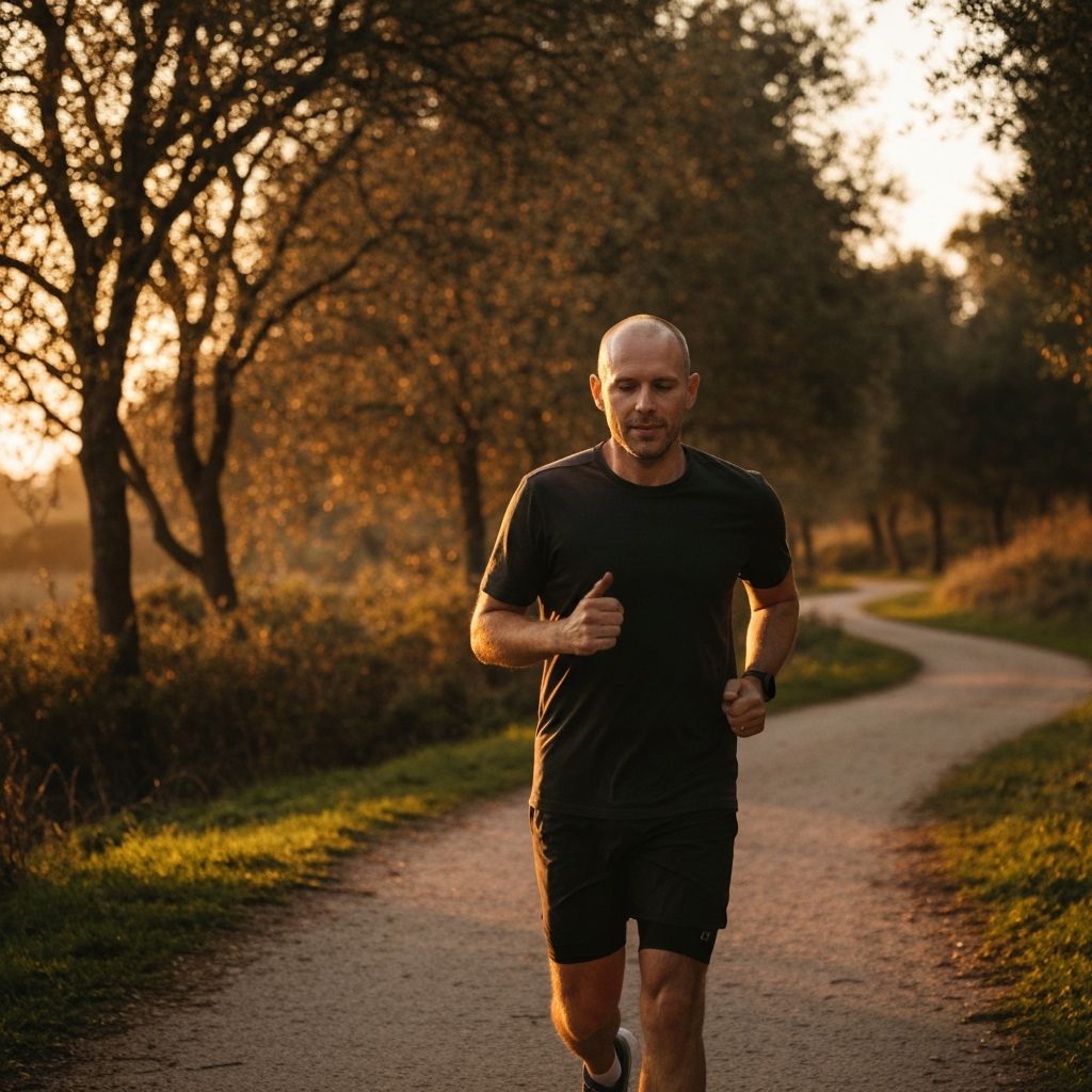 Мушкарац који трчи у природи током золотног часа са теплим светлом